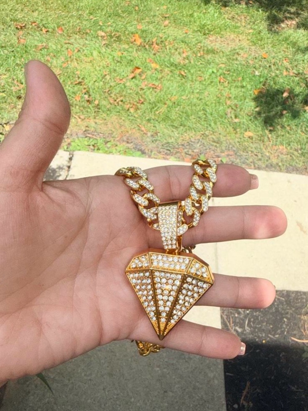 Gold Crystal Pave Diamond Pendant Cuban Link Necklace